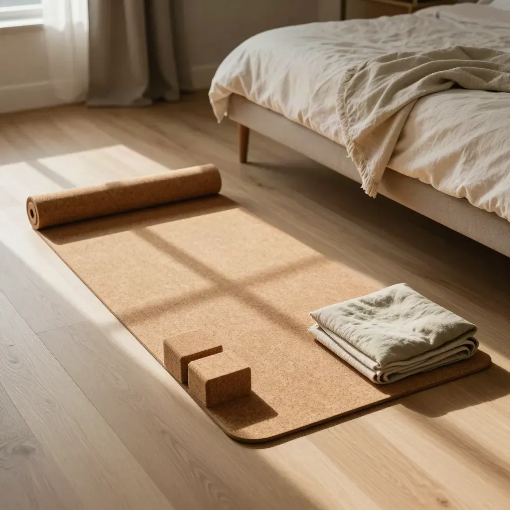 Tappetino in sughero, blocchi, bolster e asciugamano su pavimento in legno, luce dell’alba.