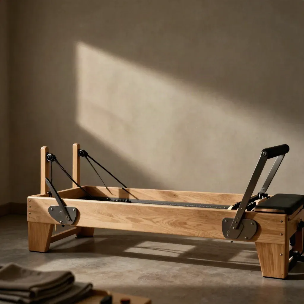 Reformer Pilates in profilo con luce calda, cinghie tese e cuscino avorio nel silenzio dello studio.