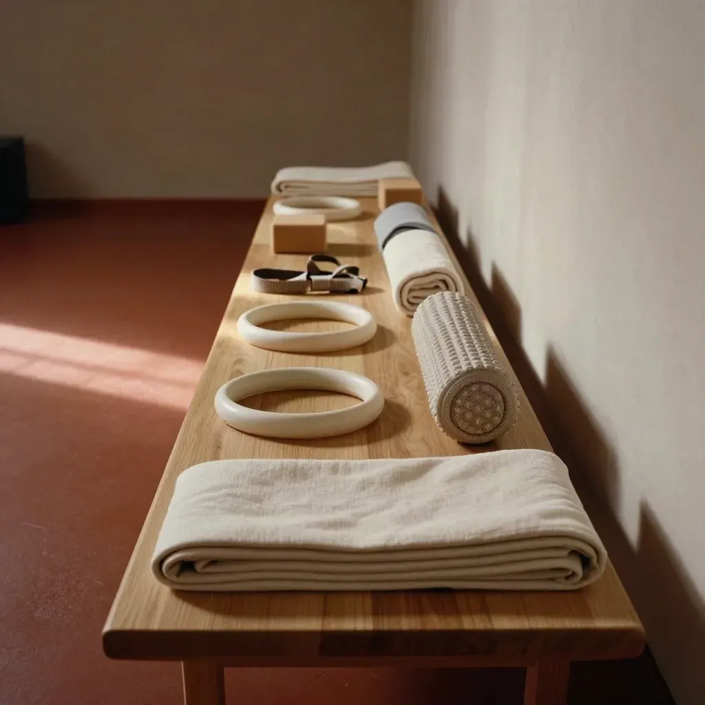 Bench da Pilates con sette accessori allineati in luce serale cinematografica.