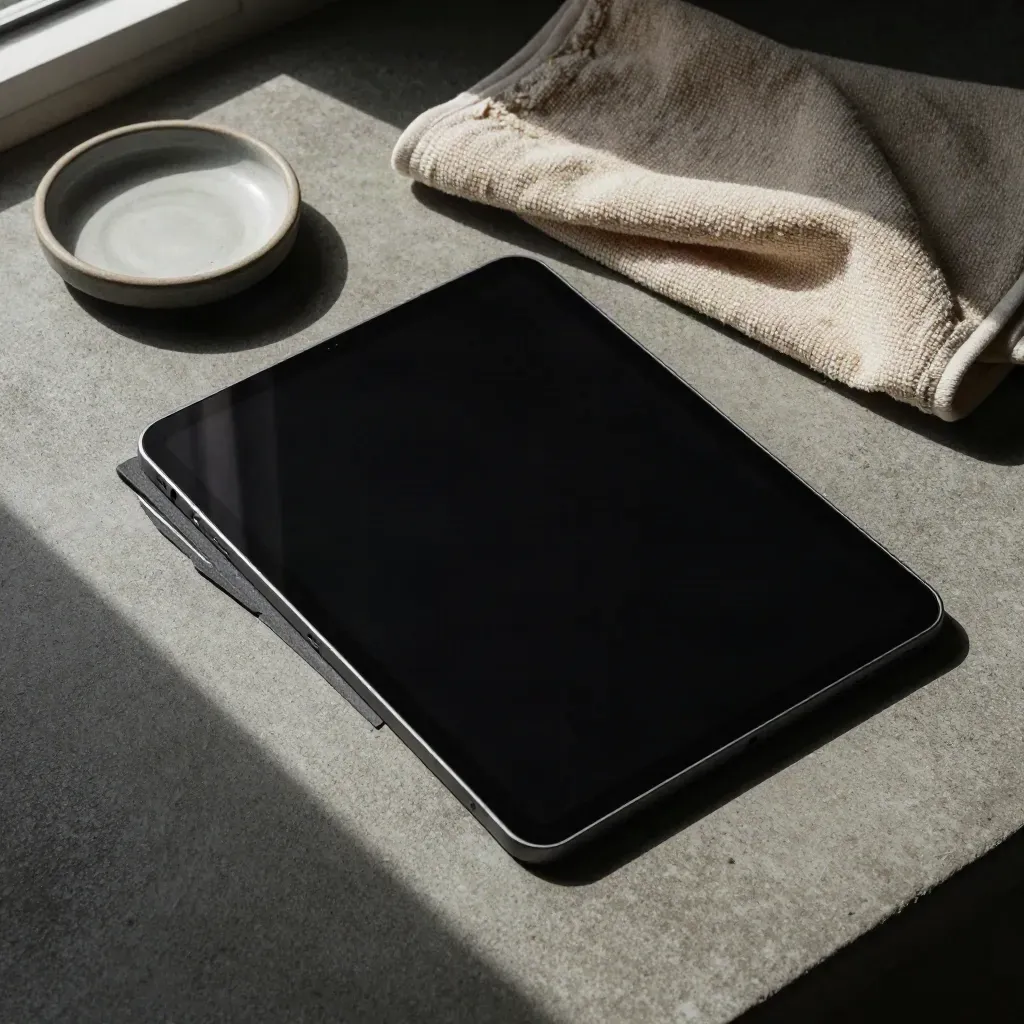 Tablet nero su lastra di cemento con asciugamano piegato e ciotola in ceramica, vista dall’alto.