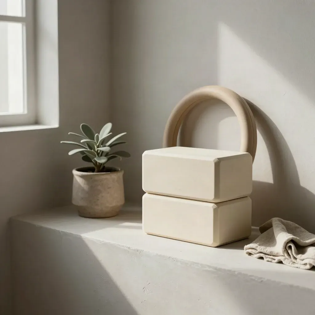 Blocchi da Pilates con ring e piantina su mensola in gesso, luce morbida da finestra.